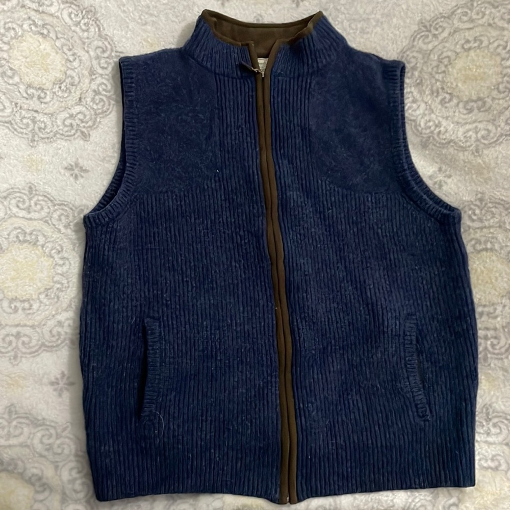 L.L. Bean Mens Merino Lambs Wool Vest Dark Blue with Brown Trim